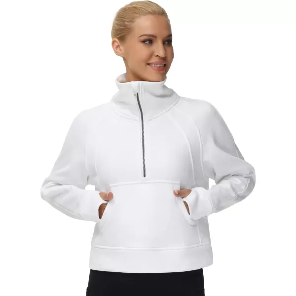 THE GYM PEOPLE Womens Half Zip Pullover Fleece Stand Collar Crop Sweatshirt with Pockets Thumb HoleWhite