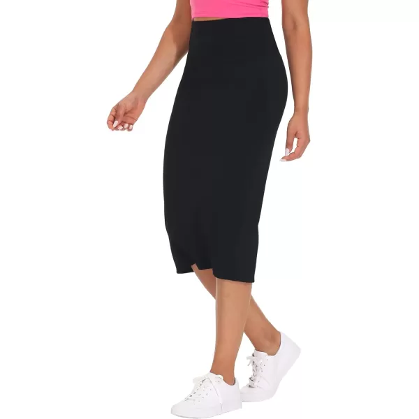 THE GYM PEOPLE Womens High Waist Tummy Control Pencil Skirts Stretchy Bodycon Midi Skirt Below Knee with Back SlitBlack