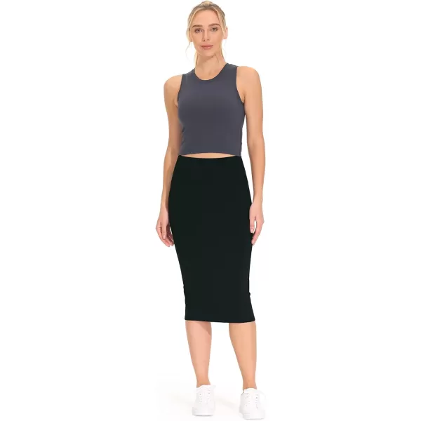 THE GYM PEOPLE Womens High Waist Tummy Control Pencil Skirts Stretchy Bodycon Midi Skirt Below Knee with Back SlitBlack
