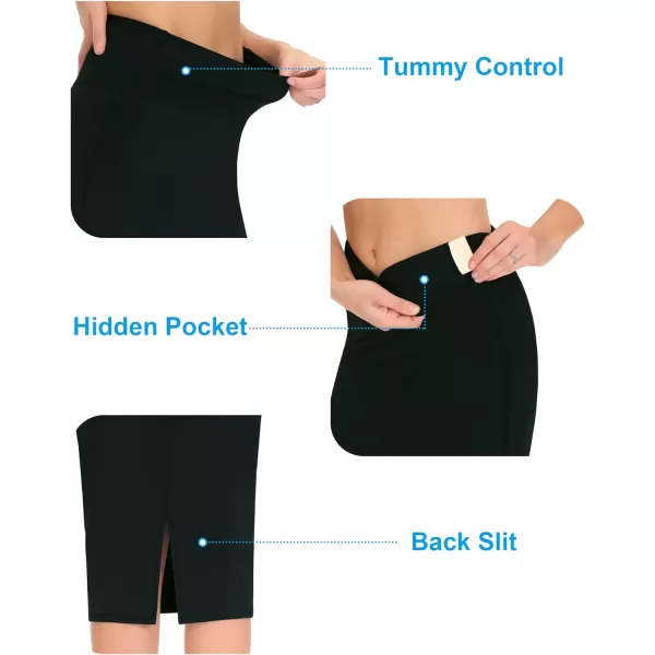 THE GYM PEOPLE Womens High Waist Tummy Control Pencil Skirts Stretchy Bodycon Midi Skirt Below Knee with Back SlitBlack