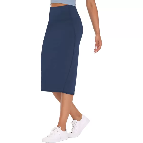 THE GYM PEOPLE Womens High Waist Tummy Control Pencil Skirts Stretchy Bodycon Midi Skirt Below Knee with Back SlitBlue