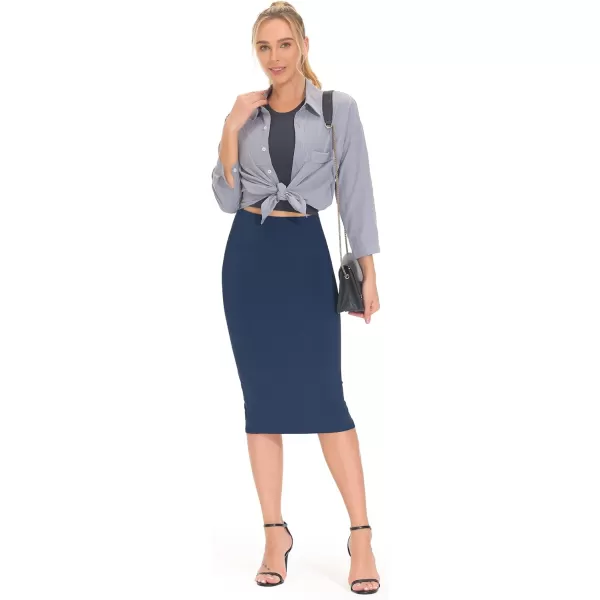 THE GYM PEOPLE Womens High Waist Tummy Control Pencil Skirts Stretchy Bodycon Midi Skirt Below Knee with Back SlitBlue