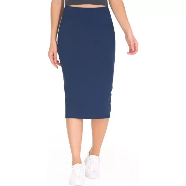 THE GYM PEOPLE Womens High Waist Tummy Control Pencil Skirts Stretchy Bodycon Midi Skirt Below Knee with Back SlitBlue