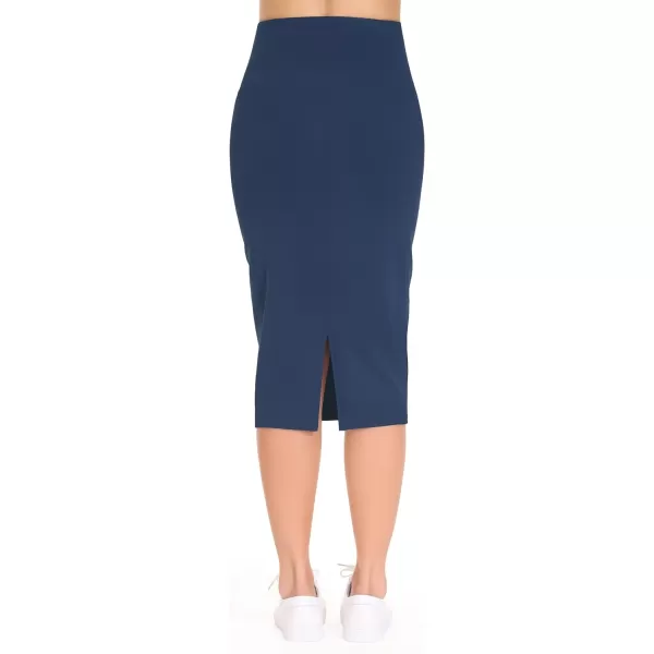 THE GYM PEOPLE Womens High Waist Tummy Control Pencil Skirts Stretchy Bodycon Midi Skirt Below Knee with Back SlitBlue