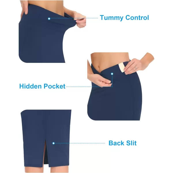 THE GYM PEOPLE Womens High Waist Tummy Control Pencil Skirts Stretchy Bodycon Midi Skirt Below Knee with Back SlitBlue