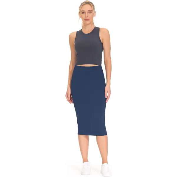 THE GYM PEOPLE Womens High Waist Tummy Control Pencil Skirts Stretchy Bodycon Midi Skirt Below Knee with Back SlitBlue