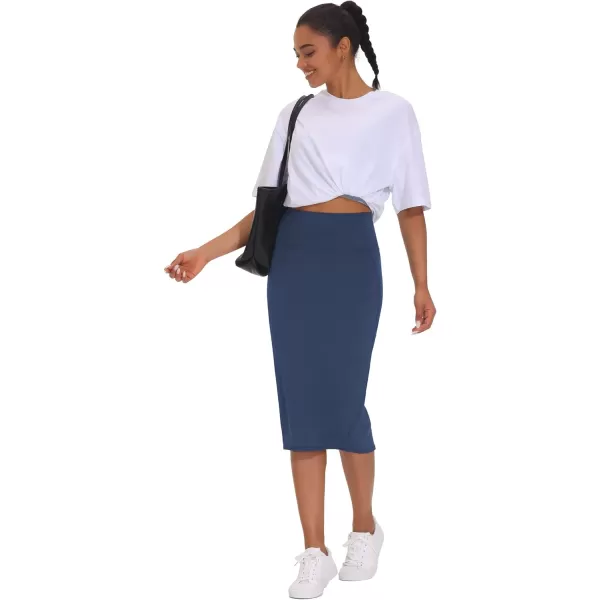 THE GYM PEOPLE Womens High Waist Tummy Control Pencil Skirts Stretchy Bodycon Midi Skirt Below Knee with Back SlitBlue