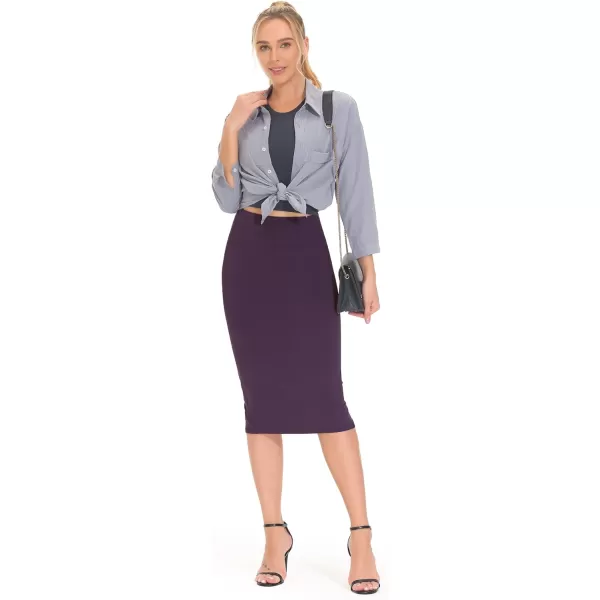 THE GYM PEOPLE Womens High Waist Tummy Control Pencil Skirts Stretchy Bodycon Midi Skirt Below Knee with Back SlitGrape Purple