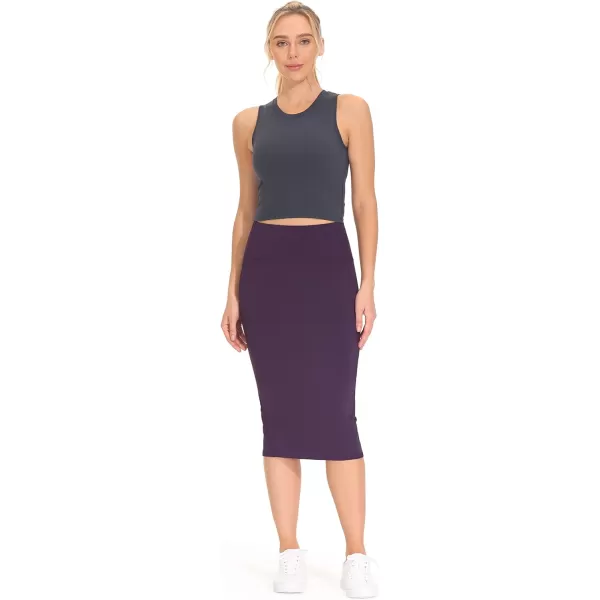 THE GYM PEOPLE Womens High Waist Tummy Control Pencil Skirts Stretchy Bodycon Midi Skirt Below Knee with Back SlitGrape Purple