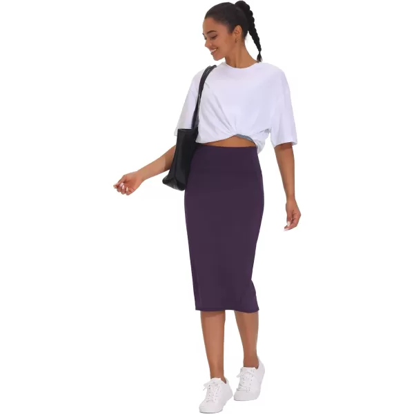 THE GYM PEOPLE Womens High Waist Tummy Control Pencil Skirts Stretchy Bodycon Midi Skirt Below Knee with Back SlitGrape Purple