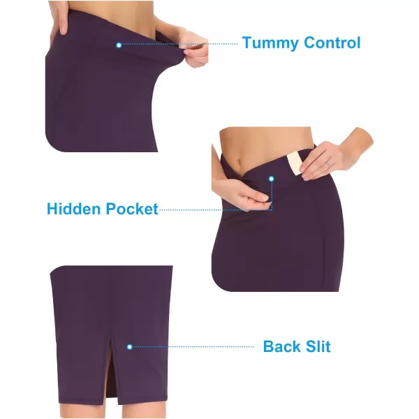 THE GYM PEOPLE Womens High Waist Tummy Control Pencil Skirts Stretchy Bodycon Midi Skirt Below Knee with Back SlitGrape Purple