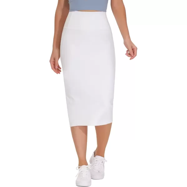 THE GYM PEOPLE Womens High Waist Tummy Control Pencil Skirts Stretchy Bodycon Midi Skirt Below Knee with Back SlitWhite