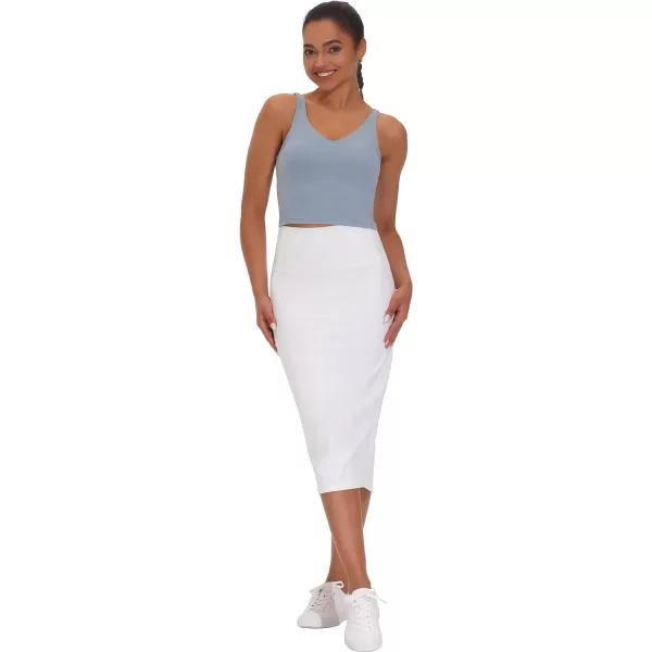 THE GYM PEOPLE Womens High Waist Tummy Control Pencil Skirts Stretchy Bodycon Midi Skirt Below Knee with Back SlitWhite