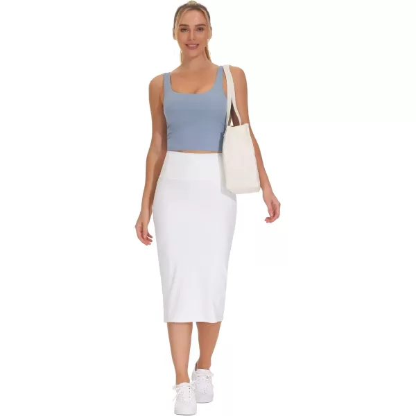 THE GYM PEOPLE Womens High Waist Tummy Control Pencil Skirts Stretchy Bodycon Midi Skirt Below Knee with Back SlitWhite