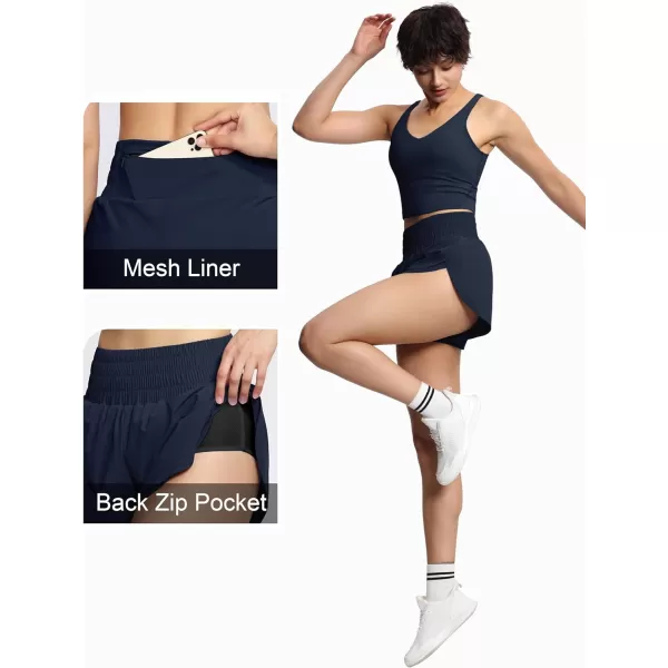 THE GYM PEOPLE Womens High Waisted Worktout Shorts Quick Dry Running Athletic Shorts with Mesh Liner Zipper PocketDark Navy Blue