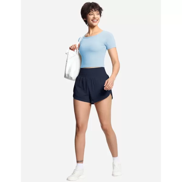 THE GYM PEOPLE Womens High Waisted Worktout Shorts Quick Dry Running Athletic Shorts with Mesh Liner Zipper PocketDark Navy Blue