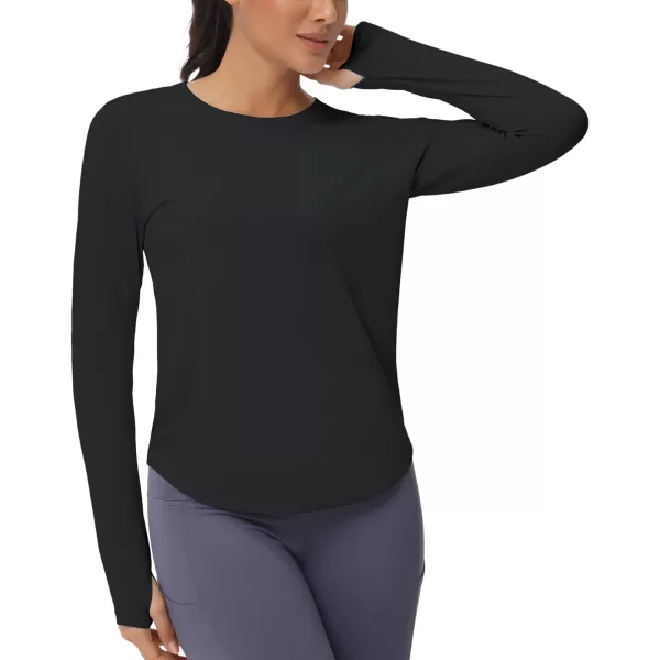 THE GYM PEOPLE Womens Long Sleeve Workout Shirts Athletic Crewneck Hiking Tops with Thumb HoleBlack