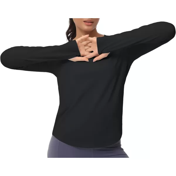 THE GYM PEOPLE Womens Long Sleeve Workout Shirts Athletic Crewneck Hiking Tops with Thumb HoleBlack