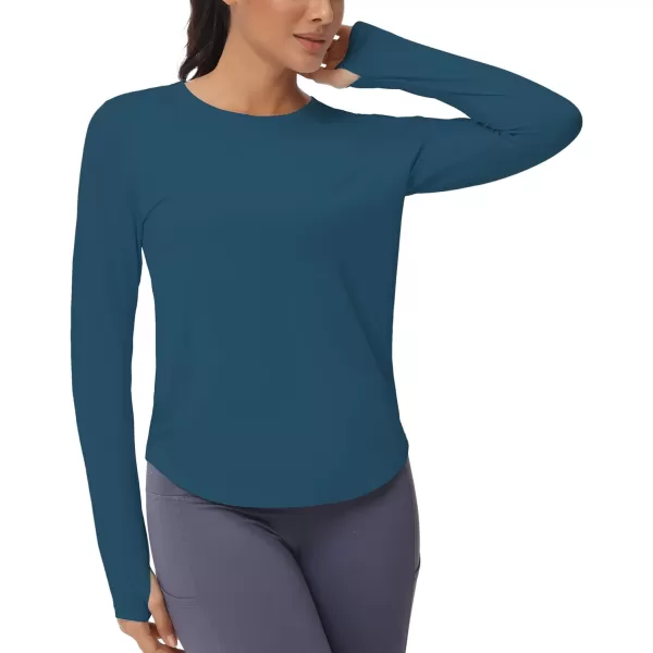 THE GYM PEOPLE Womens Long Sleeve Workout Shirts Athletic Crewneck Hiking Tops with Thumb HoleDark Blue Green