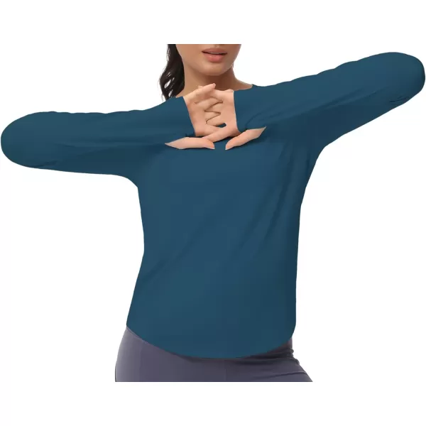 THE GYM PEOPLE Womens Long Sleeve Workout Shirts Athletic Crewneck Hiking Tops with Thumb HoleDark Blue Green