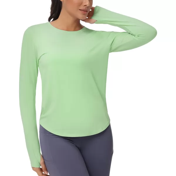 THE GYM PEOPLE Womens Long Sleeve Workout Shirts Athletic Crewneck Hiking Tops with Thumb HoleJasmine Green