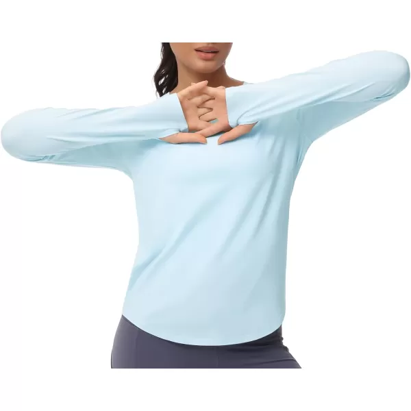 THE GYM PEOPLE Womens Long Sleeve Workout Shirts Athletic Crewneck Hiking Tops with Thumb HoleLight Blue
