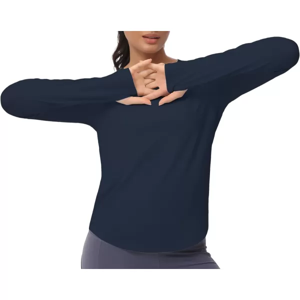 THE GYM PEOPLE Womens Long Sleeve Workout Shirts Athletic Crewneck Hiking Tops with Thumb HoleNavy Blue