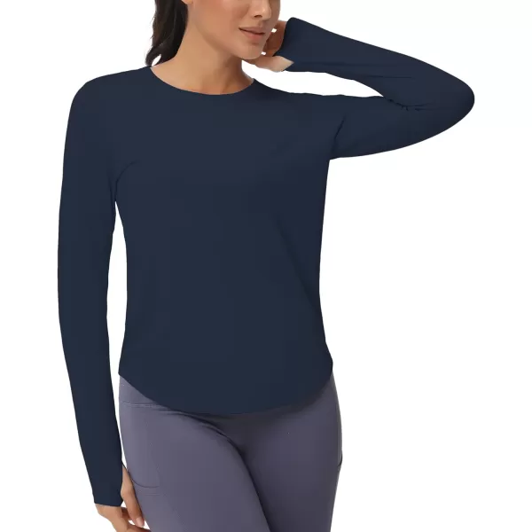 THE GYM PEOPLE Womens Long Sleeve Workout Shirts Athletic Crewneck Hiking Tops with Thumb HoleNavy Blue