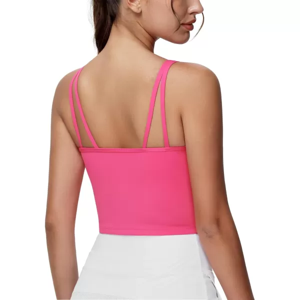THE GYM PEOPLE Womens Longline Sports Bra Removable Padded Wireless Workout Yoga Tank TopsBright Pink