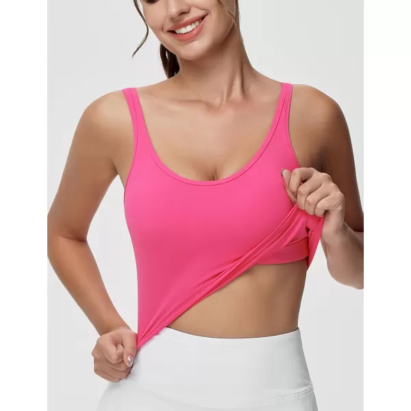 THE GYM PEOPLE Womens Longline Sports Bra Removable Padded Wireless Workout Yoga Tank TopsBright Pink