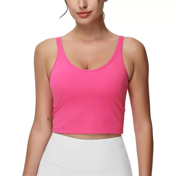 THE GYM PEOPLE Womens Longline Sports Bra Removable Padded Wireless Workout Yoga Tank TopsBright Pink
