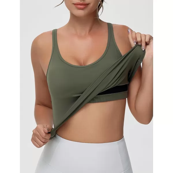 THE GYM PEOPLE Womens Longline Sports Bra Removable Padded Wireless Workout Yoga Tank TopsOlive Green
