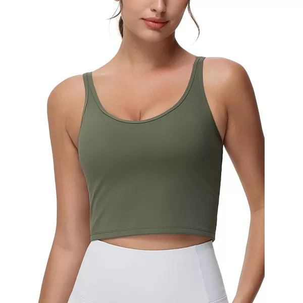 THE GYM PEOPLE Womens Longline Sports Bra Removable Padded Wireless Workout Yoga Tank TopsOlive Green