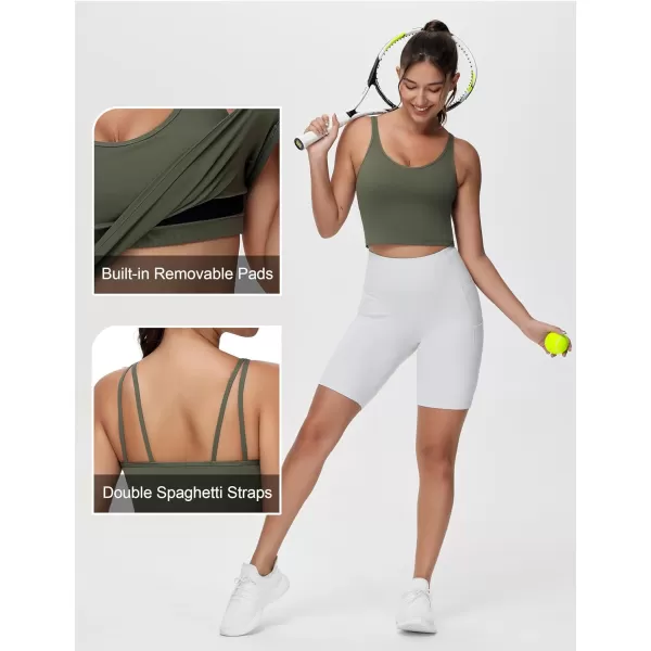 THE GYM PEOPLE Womens Longline Sports Bra Removable Padded Wireless Workout Yoga Tank TopsOlive Green