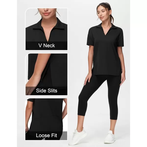 THE GYM PEOPLE Womens Loose fit Workout Polo Shirts Back Short Sleeve V Neck Tees Tops with Side SlitsBlack