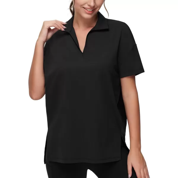 THE GYM PEOPLE Womens Loose fit Workout Polo Shirts Back Short Sleeve V Neck Tees Tops with Side SlitsBlack