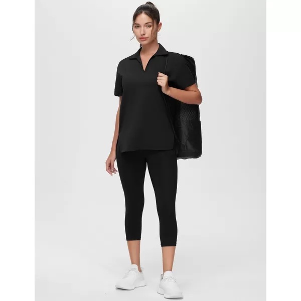 THE GYM PEOPLE Womens Loose fit Workout Polo Shirts Back Short Sleeve V Neck Tees Tops with Side SlitsBlack
