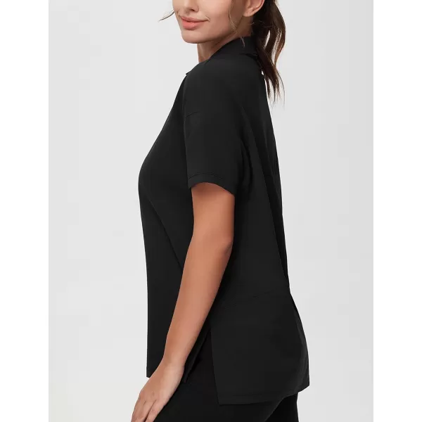 THE GYM PEOPLE Womens Loose fit Workout Polo Shirts Back Short Sleeve V Neck Tees Tops with Side SlitsBlack