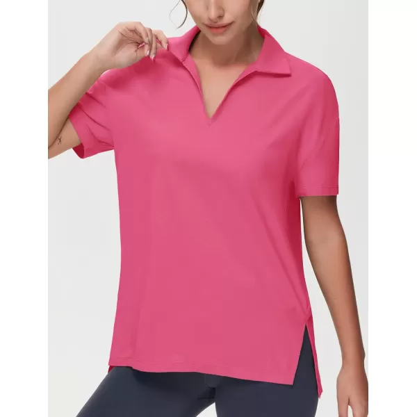 THE GYM PEOPLE Womens Loose fit Workout Polo Shirts Back Short Sleeve V Neck Tees Tops with Side SlitsBright Pink