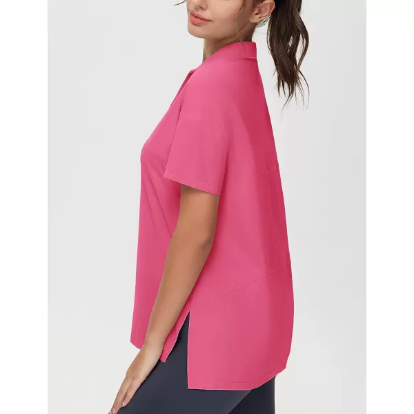 THE GYM PEOPLE Womens Loose fit Workout Polo Shirts Back Short Sleeve V Neck Tees Tops with Side SlitsBright Pink