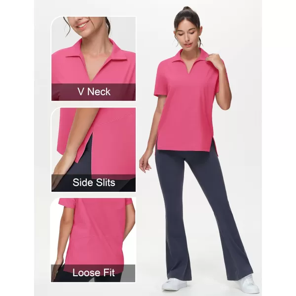 THE GYM PEOPLE Womens Loose fit Workout Polo Shirts Back Short Sleeve V Neck Tees Tops with Side SlitsBright Pink