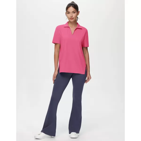 THE GYM PEOPLE Womens Loose fit Workout Polo Shirts Back Short Sleeve V Neck Tees Tops with Side SlitsBright Pink