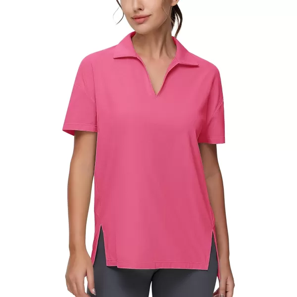 THE GYM PEOPLE Womens Loose fit Workout Polo Shirts Back Short Sleeve V Neck Tees Tops with Side SlitsBright Pink