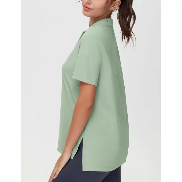 THE GYM PEOPLE Womens Loose fit Workout Polo Shirts Back Short Sleeve V Neck Tees Tops with Side SlitsLight Green
