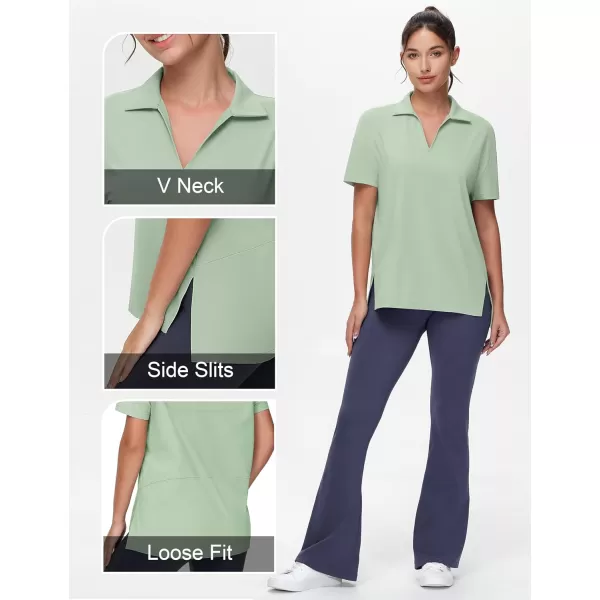 THE GYM PEOPLE Womens Loose fit Workout Polo Shirts Back Short Sleeve V Neck Tees Tops with Side SlitsLight Green