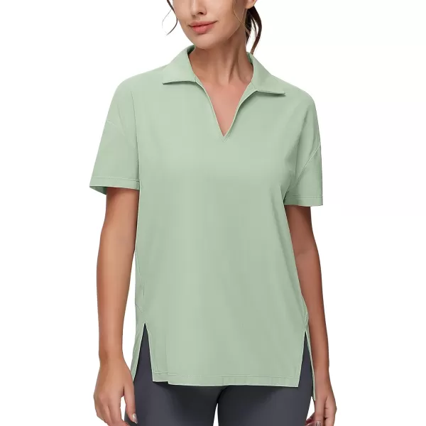 THE GYM PEOPLE Womens Loose fit Workout Polo Shirts Back Short Sleeve V Neck Tees Tops with Side SlitsLight Green