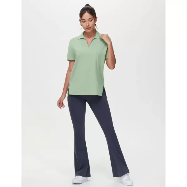 THE GYM PEOPLE Womens Loose fit Workout Polo Shirts Back Short Sleeve V Neck Tees Tops with Side SlitsLight Green