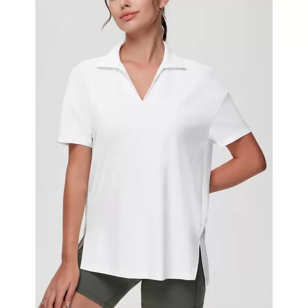 THE GYM PEOPLE Womens Loose fit Workout Polo Shirts Back Short Sleeve V Neck Tees Tops with Side SlitsWhite