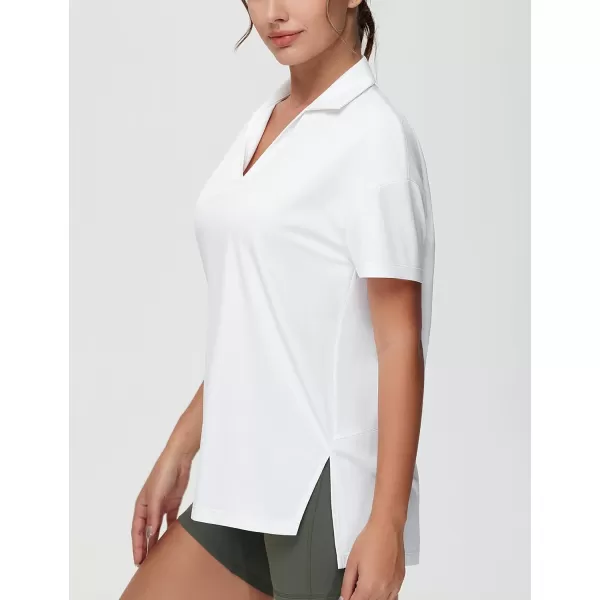 THE GYM PEOPLE Womens Loose fit Workout Polo Shirts Back Short Sleeve V Neck Tees Tops with Side SlitsWhite
