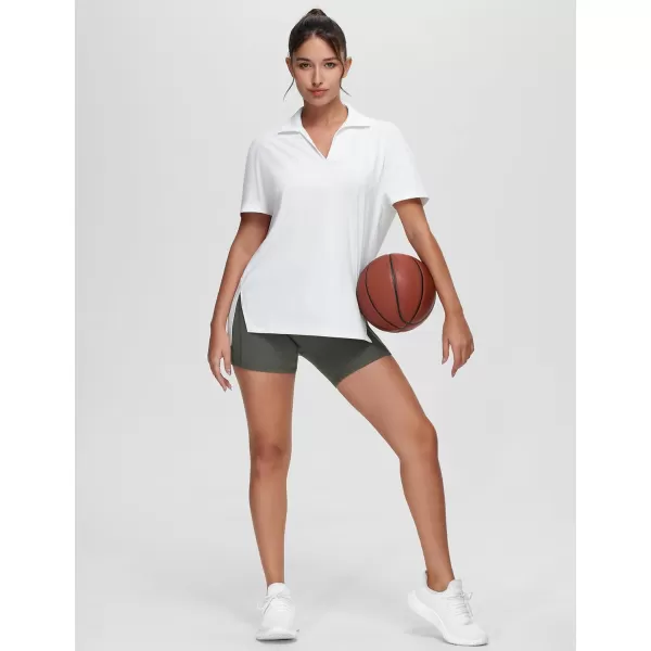 THE GYM PEOPLE Womens Loose fit Workout Polo Shirts Back Short Sleeve V Neck Tees Tops with Side SlitsWhite